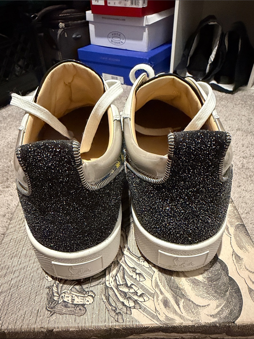 Christian Louboutin White, Black and Green Sequin-Accent Low-Top Sneakers - Picture 6 of 10